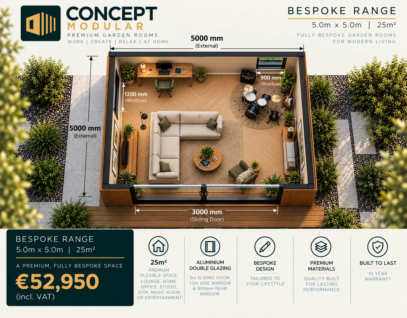 Bespoke Range 5.0m x 5.0m, 25m2 garden room floor plan with lounge, home office and music area