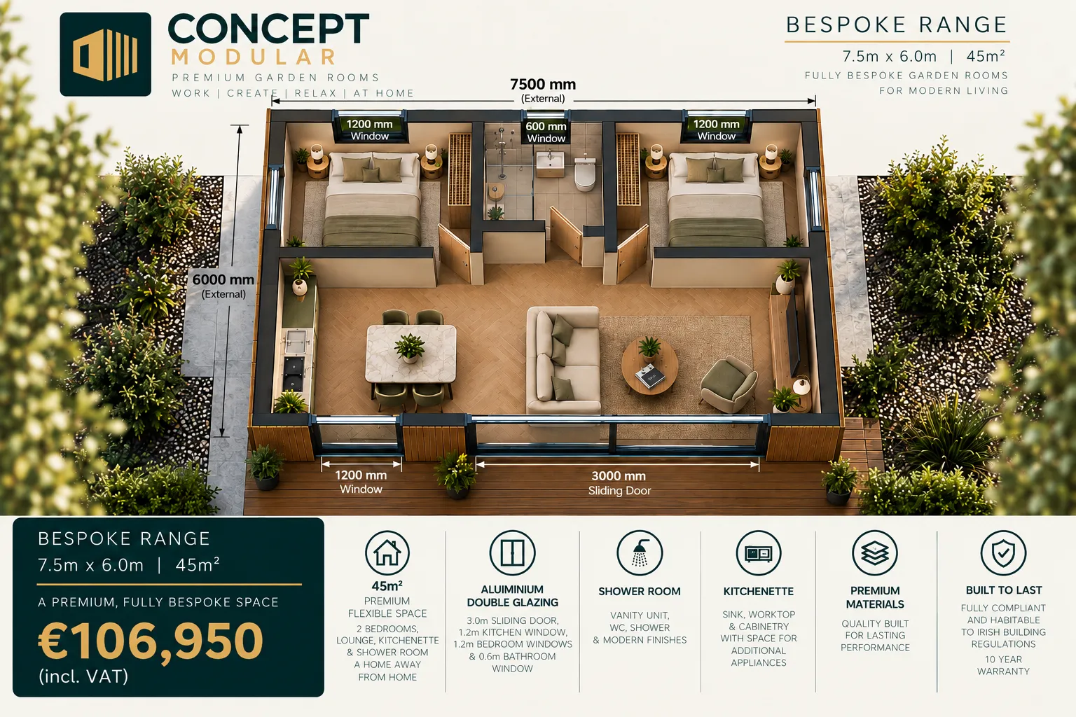 Bespoke Range 7.5m x 6.0m, 45m2 garden room floor plan with two bedrooms, lounge, kitchenette and shower room