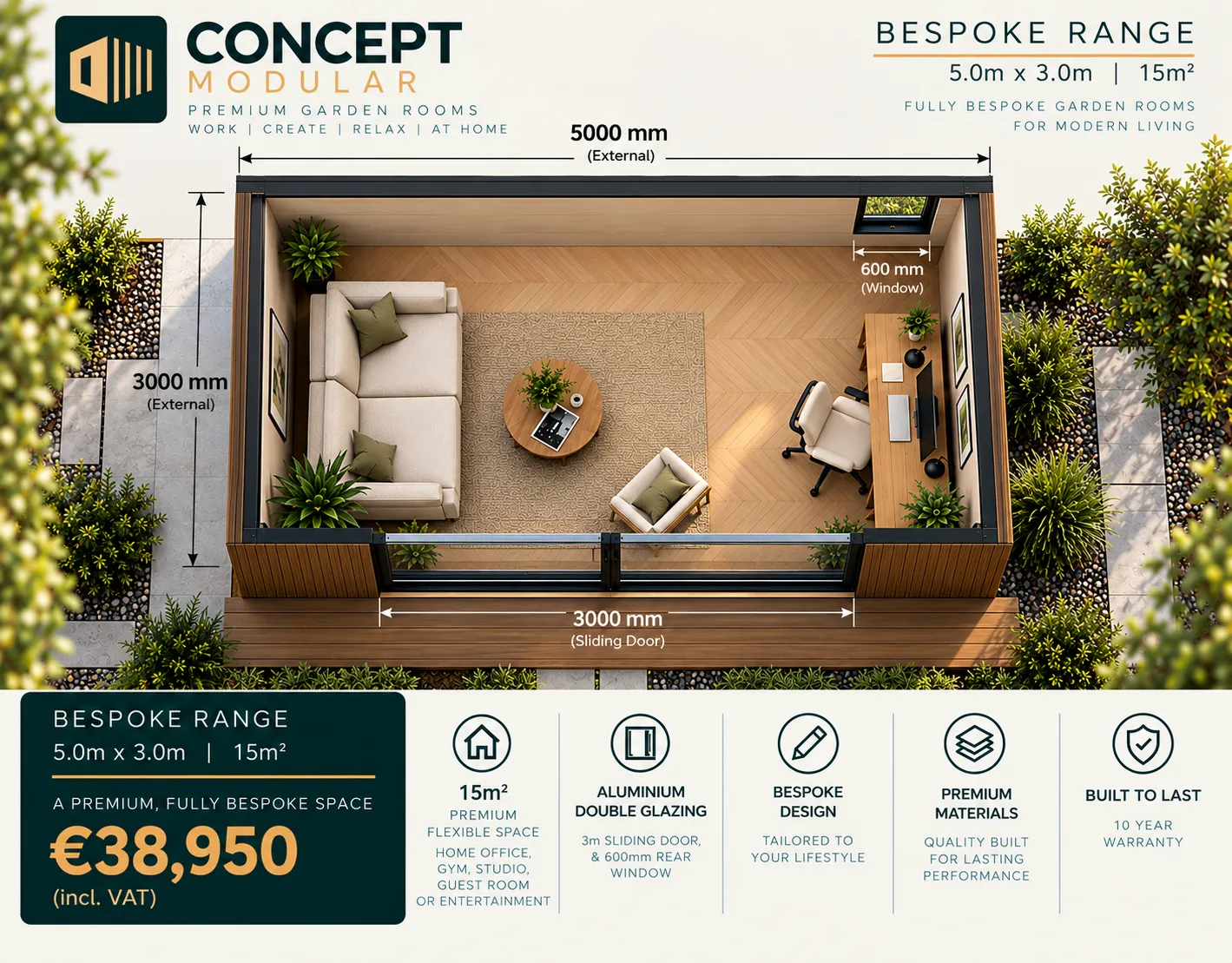 Bespoke Range 5.0m x 3.0m, 15m2 garden room floor plan with lounge and home office