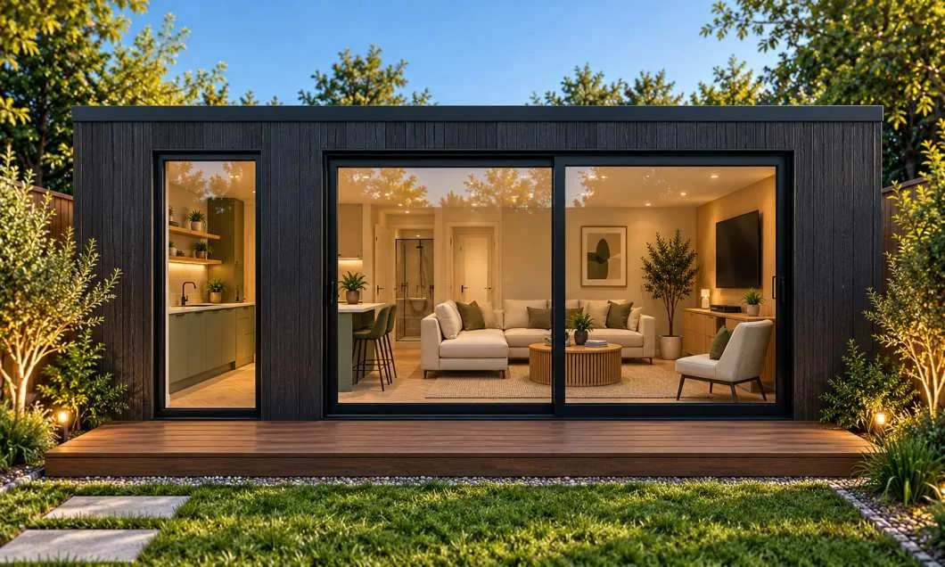 Design visualisation of a dark-clad bespoke garden room
