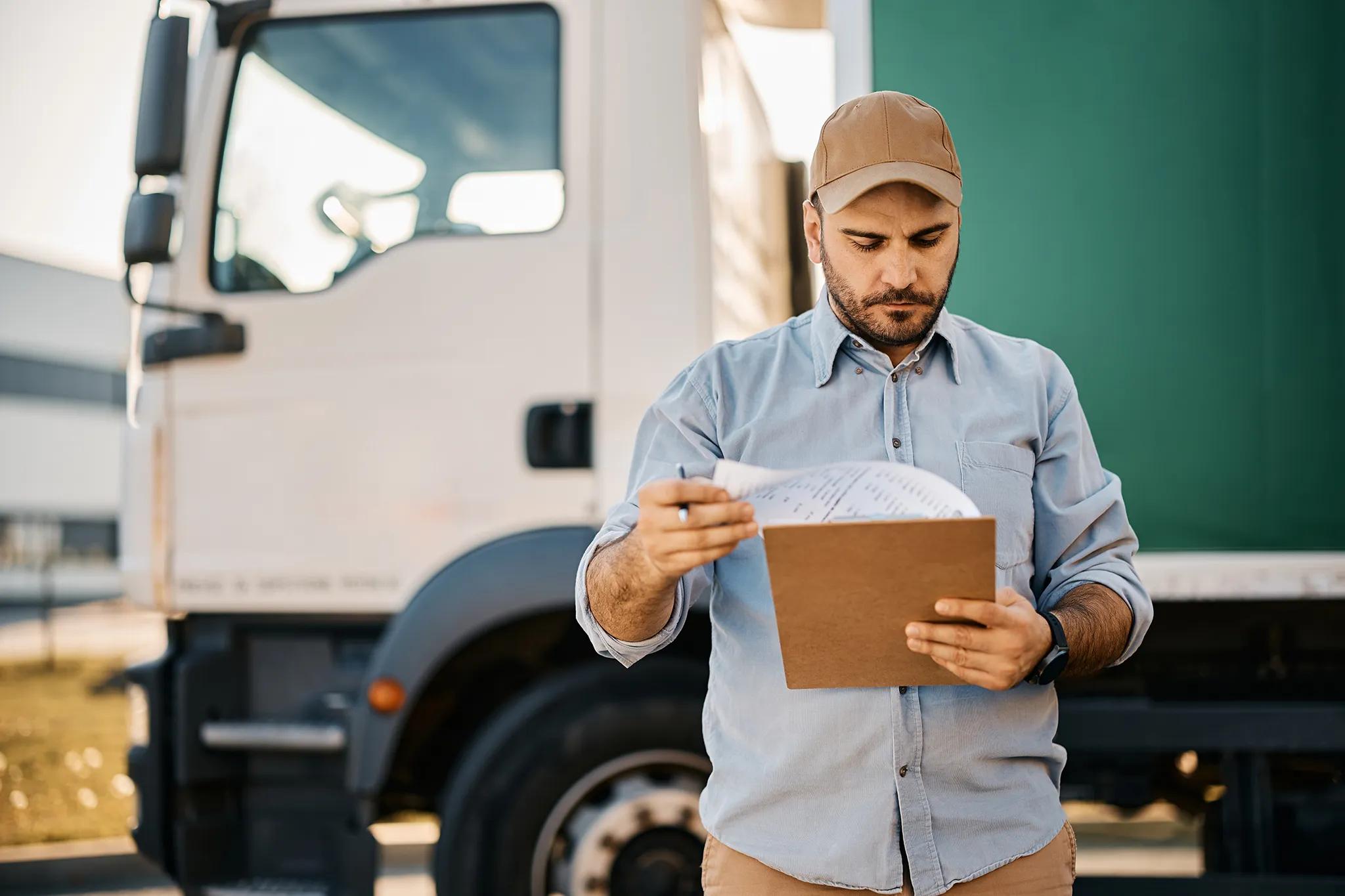 Casual truck driver standing in front of a transport truck looking at a clipboard with inventory list