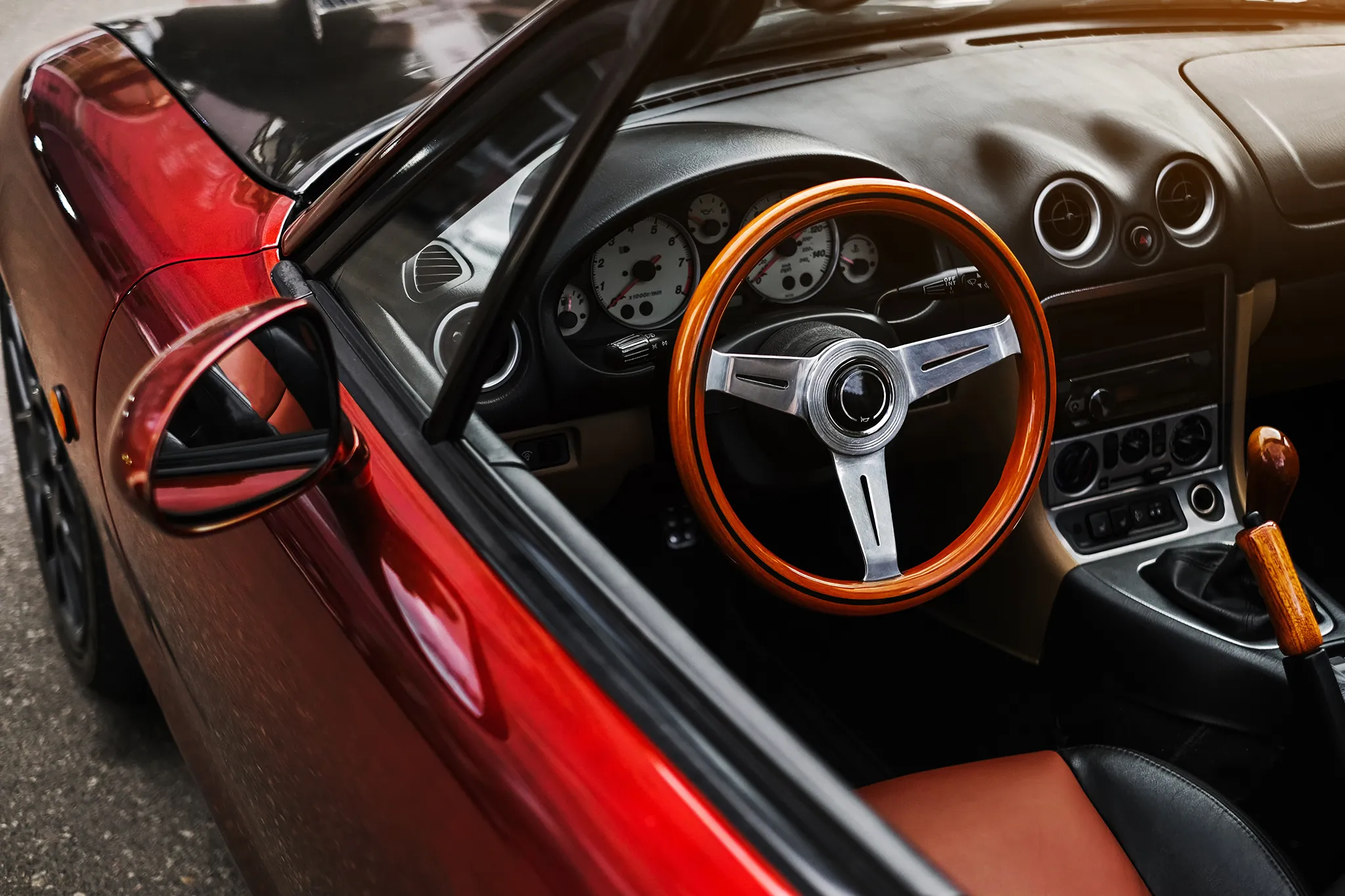 Steering wheel and dash of high-value collectible vehicle