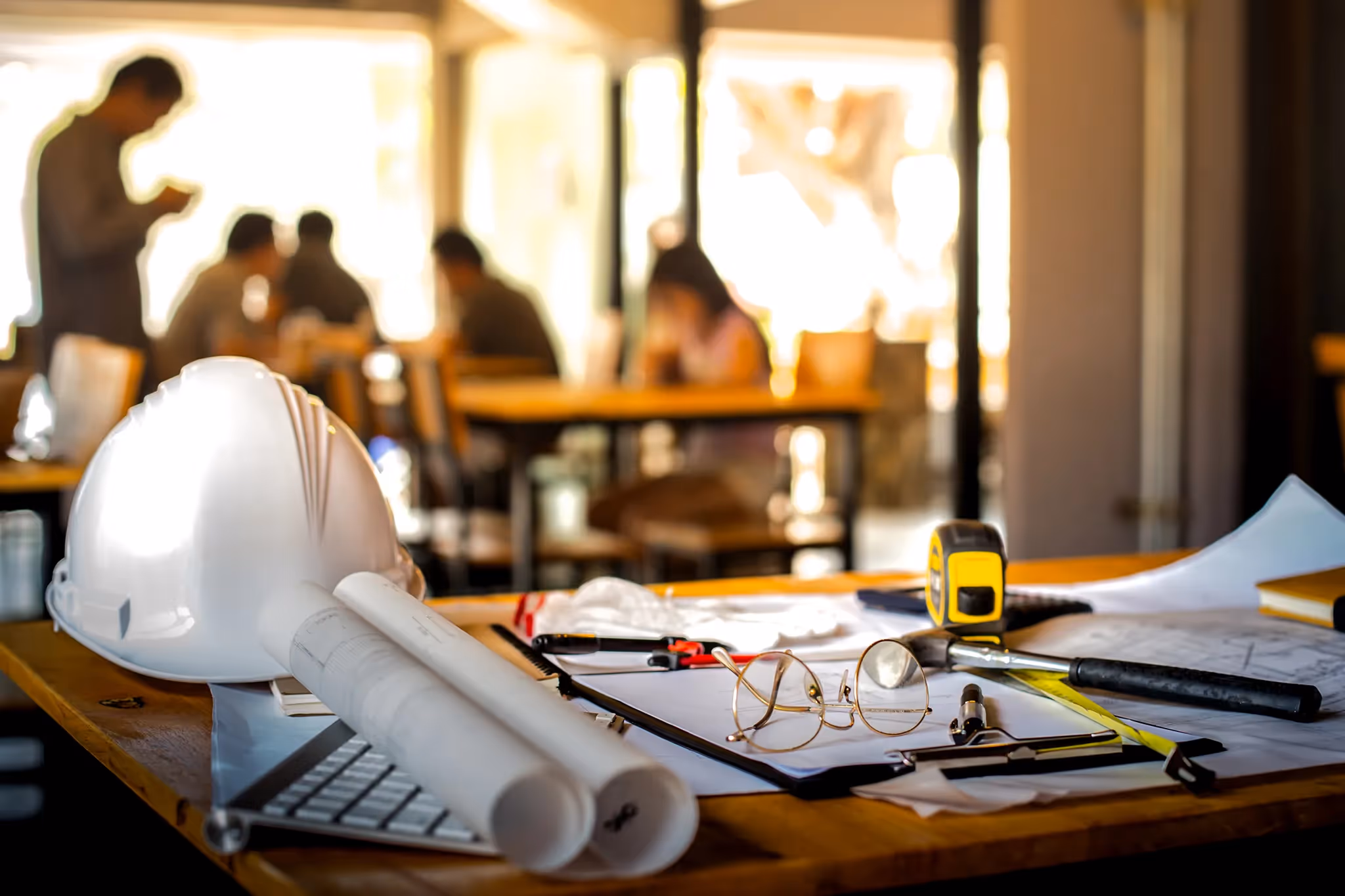 A busy construction worker's desk with hardhat, glasses and a hammer with a group of workers in the background