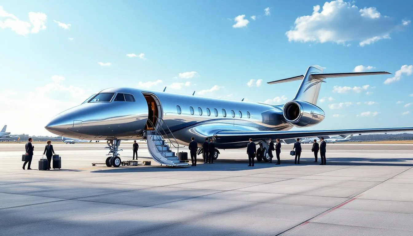 A luxury private jet is parked on the airport tarmac, with ground crew members preparing for departure, showcasing the convenience and style of private air travel. This scene highlights the advantages of flying privately, including the option for empty leg flights for significant savings on travel plans.