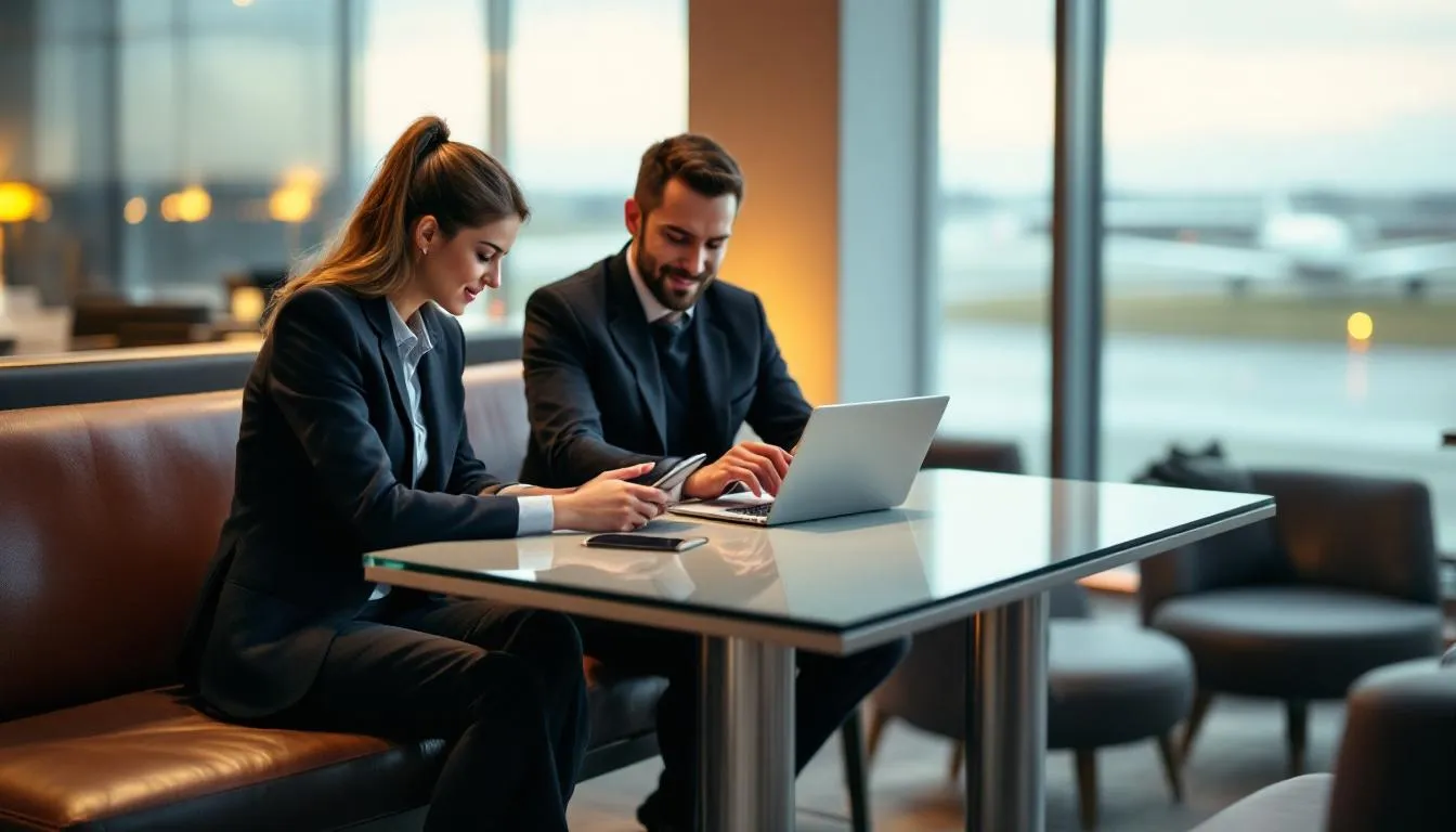 In a private airport lounge, business travelers are focused on reviewing flight options on a tablet, considering available empty leg flights and private jet travel for their upcoming journeys. The atmosphere is relaxed, reflecting the convenience and luxury of flying privately, as they explore routes to popular destinations like Las Vegas and San Francisco.