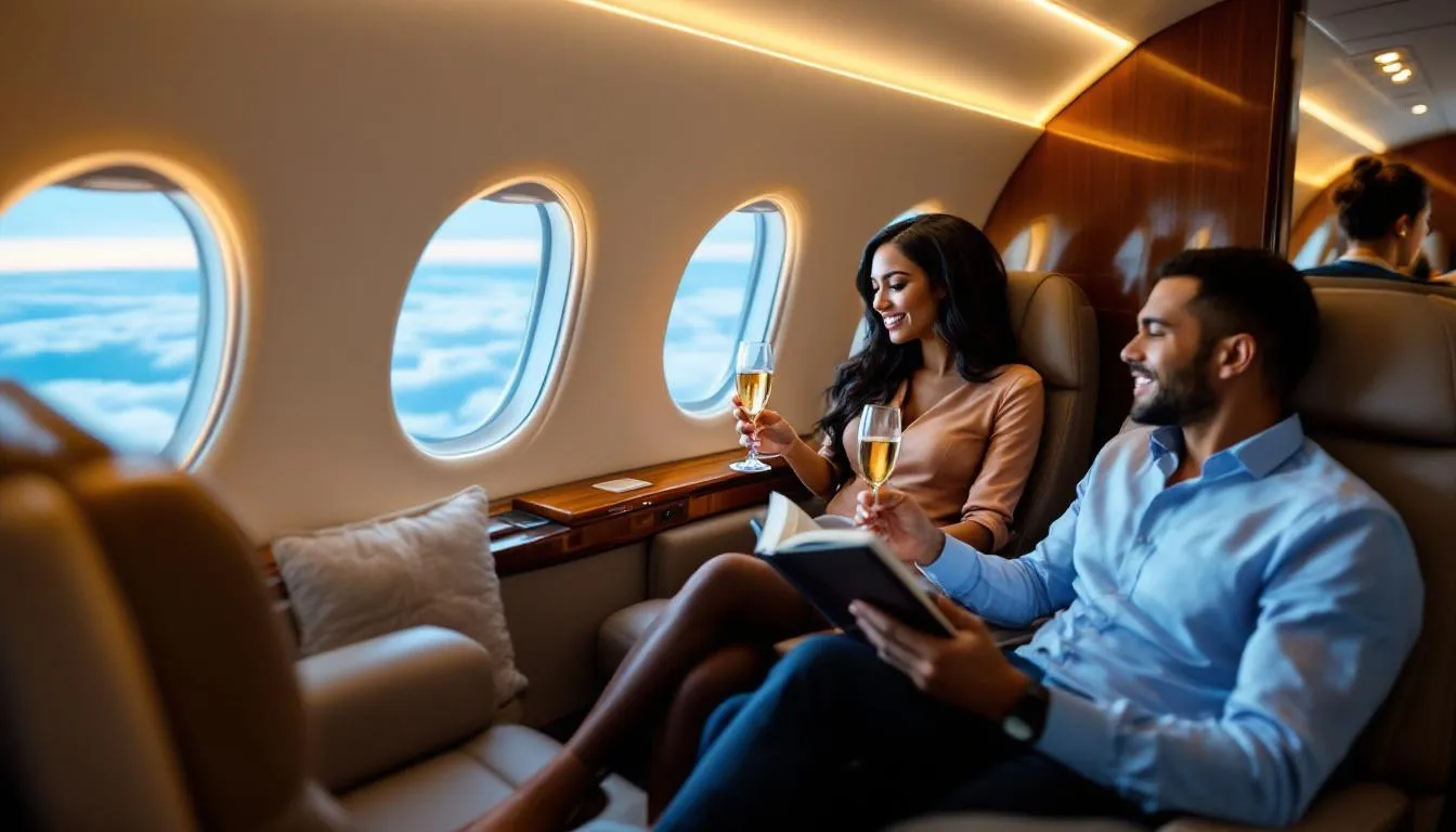 The image depicts passengers enjoying luxurious cabin service inside a private jet, surrounded by elegant furnishings and attentive staff. This experience highlights the comfort and exclusivity of private air travel, ideal for those looking to fly privately and take advantage of empty leg flights for significant savings.