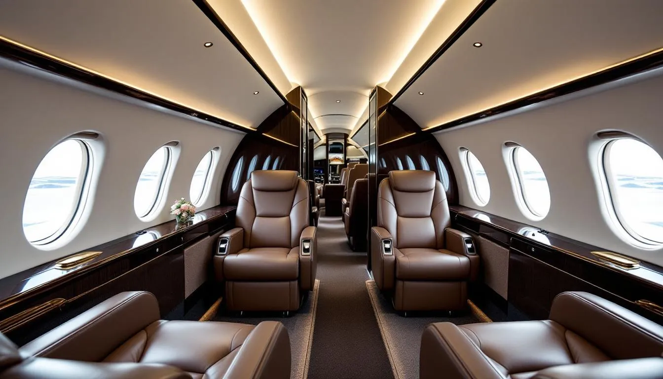 The image features a luxury private jet interior, showcasing spacious leather seating arranged elegantly within a beautifully designed cabin. This opulent setting highlights the comfort and style associated with private jet travel, ideal for those looking to book an empty leg flight or enjoy premium service during their journey.
