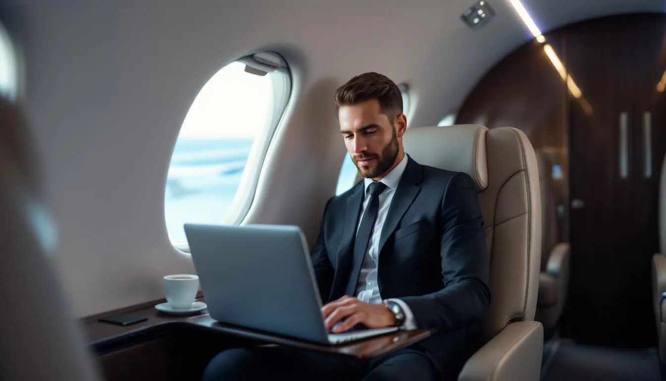 A business traveler is seated comfortably in the spacious cabin of a private jet, working on a laptop while enjoying the luxury of private aviation. This serene environment highlights the benefits of flying privately, such as personalized service and the ability to manage travel plans on one's own schedule.