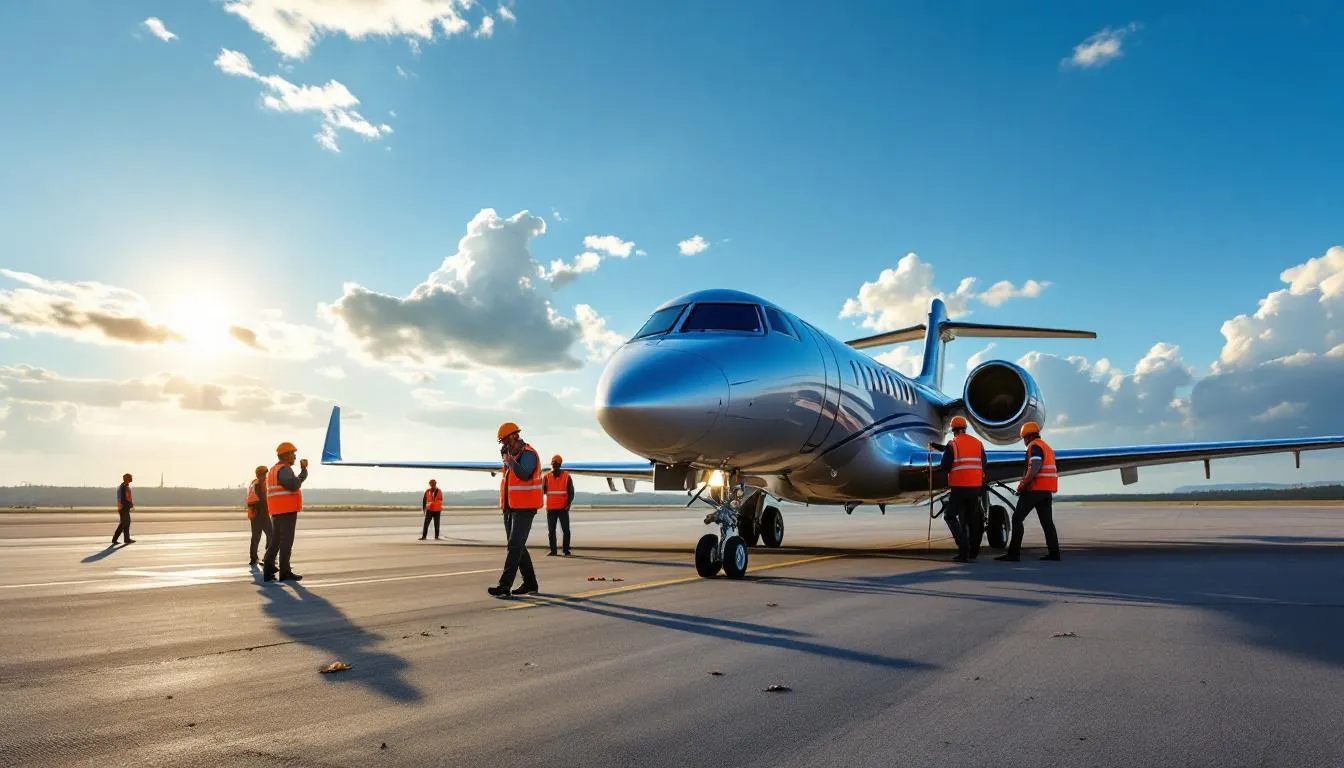 A private jet is parked on the tarmac, with ground crew members preparing for departure, showcasing the luxury and efficiency of private aviation. This scene highlights the convenience of private jet travel, often associated with empty leg flights that offer cost-effective options for flexible travelers.