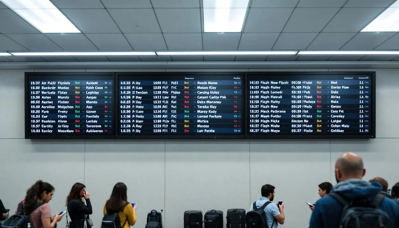 The image shows an airport departure board displaying a variety of flight destinations, including both commercial flights and private jet options. Travelers can see available flights, including potential empty leg flights, which offer a cost-effective way to fly privately.