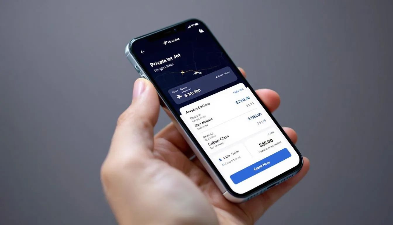 A mobile phone screen showcases a private jet booking app, displaying search results for available empty leg flights, highlighting various leg journey options and their significantly reduced costs. The interface emphasizes personalized service and popular routes for private air travel.