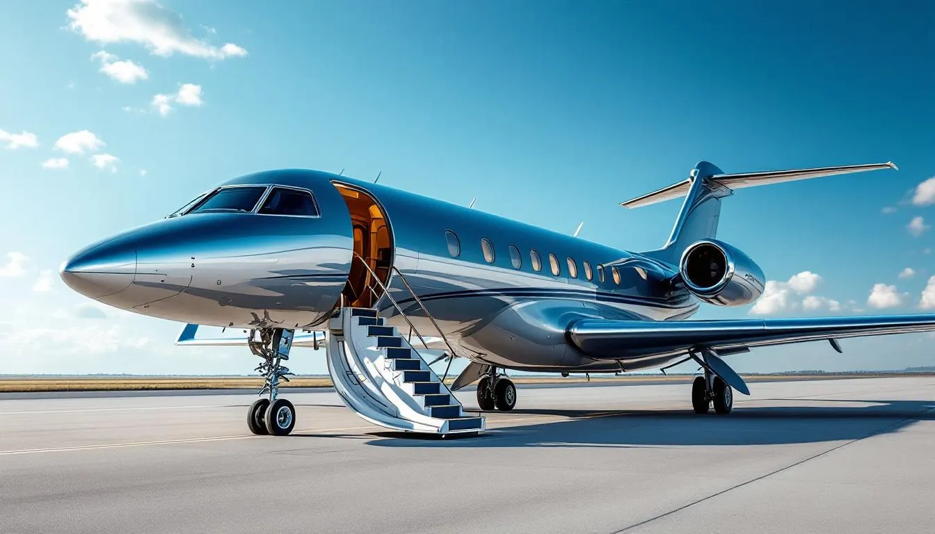 A luxury private jet is parked on the airport tarmac with its stairs extended, ready for passengers to board. This private flight exemplifies comfort and exclusivity, often associated with empty leg charter flights that offer significant discounts for travelers.