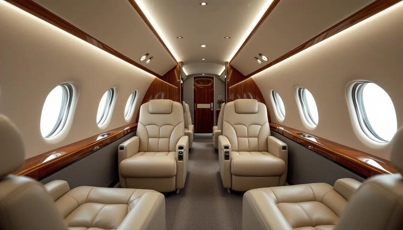 The image depicts a luxurious private jet interior featuring plush leather seats and elegant polished wood trim, designed for comfort and style during private flights. This opulent setting is ideal for travelers seeking exclusive access and personalized service on their journey.