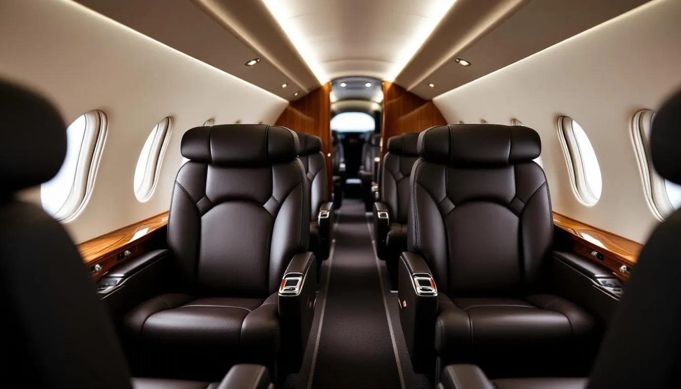 The image depicts the luxurious interior of a private jet featuring empty leather seats, showcasing the elegance of private aviation. This setting highlights the potential for empty leg flights, which can offer travelers a more cost-effective option for private jet travel.