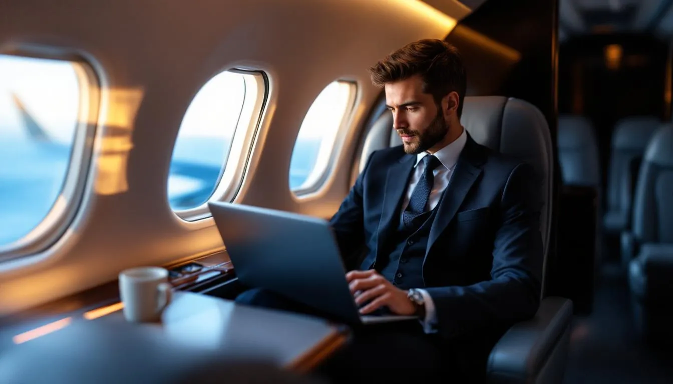 A business traveler is focused on their laptop inside the luxurious cabin of a private jet, showcasing the convenience of private aviation for work on the go. This scene highlights the benefits of private jet travel, including the ability to work efficiently during flights, which can be more cost-effective with options like empty leg flights.
