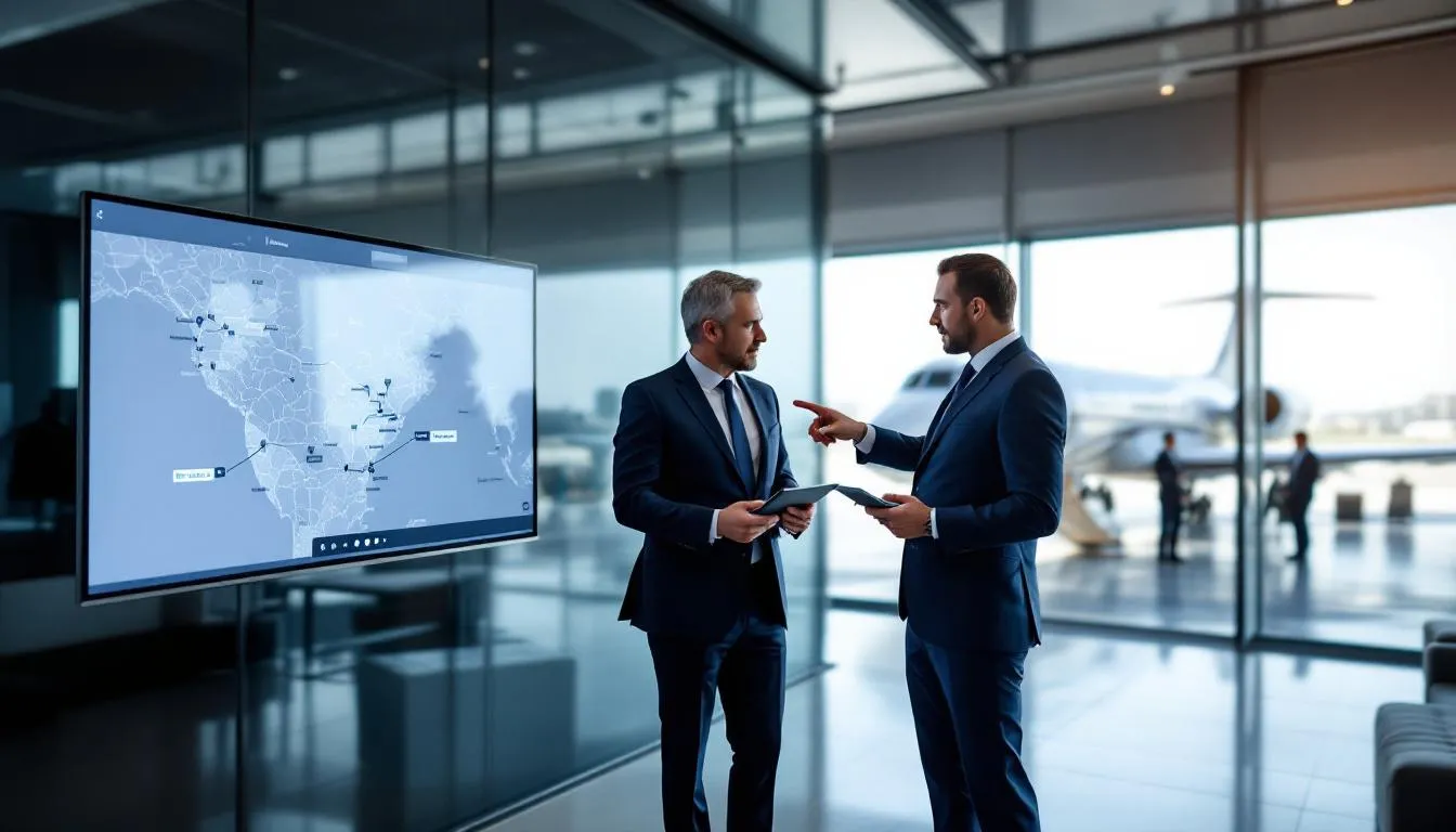 A group of business executives is gathered at a private aviation terminal, intently reviewing flight plans and schedules for their upcoming travel needs. They are discussing available empty leg flights and the advantages of booking an empty leg charter flight for significant savings on their private jet travel.
