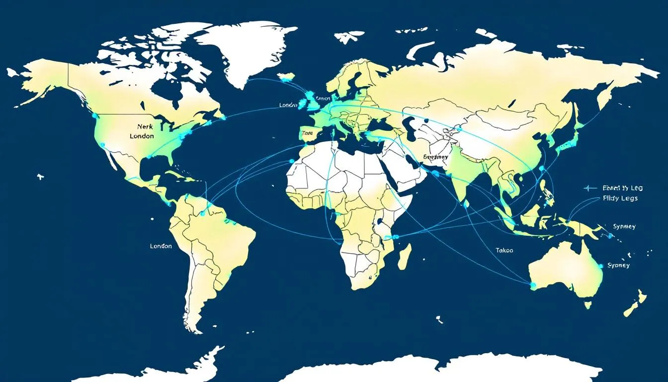 The image depicts a world map highlighting major connections for empty leg flight routes between various cities, showcasing the potential for significant savings on private jet travel. This visual representation illustrates available empty leg flights, emphasizing the convenience and flexibility of booking an empty leg charter flight for travelers.