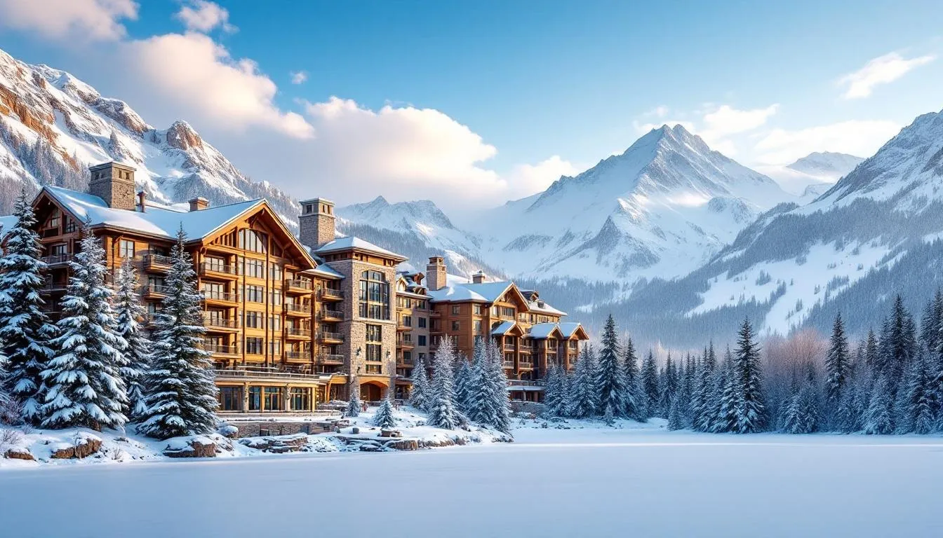 The image depicts a scenic mountain resort nestled among snow-covered peaks, showcasing luxury accommodations that promise relaxation and comfort. This picturesque destination is ideal for those seeking an exclusive empty leg flight experience amidst the breathtaking beauty of the Swiss Alps.