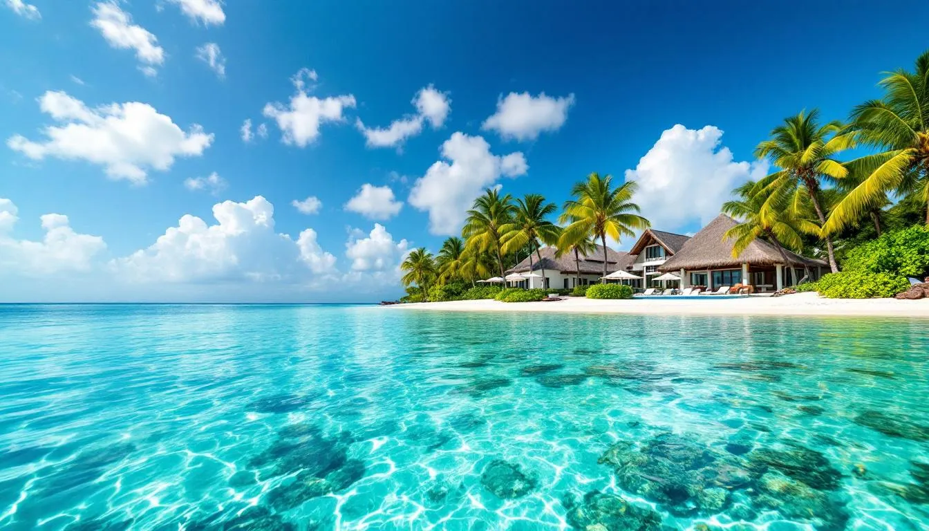 The image showcases crystal clear Caribbean waters with a luxurious resort in the background, embodying the essence of private jet travel to exclusive destinations. This serene scene invites viewers to imagine a relaxing escape, perfect for planning their next empty leg flight journey.