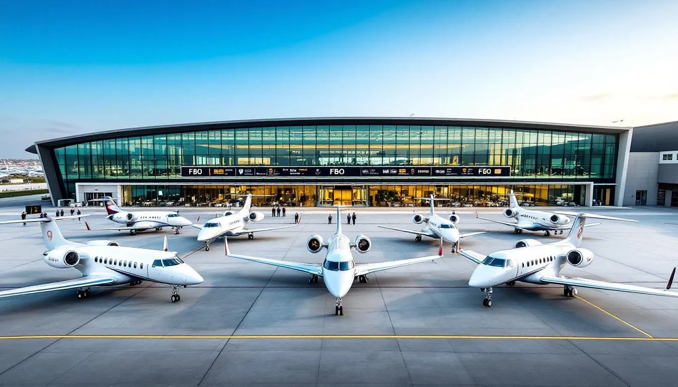 The image depicts a modern Fixed Base Operator (FBO) terminal surrounded by luxury private jets parked on the tarmac, showcasing the elegance of private jet travel and the convenience of exclusive empty leg flights. This setting highlights the allure of flying privately, offering passengers unmatched comfort and flexibility in their travel plans.
