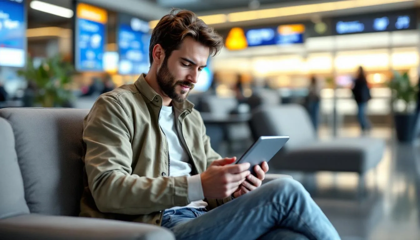 A traveler is seen using a tablet to book an eco-friendly empty leg flight, with sustainability metrics displayed on the screen, highlighting the environmental impact and carbon footprint of private aviation. The image emphasizes the convenience and cost savings associated with empty leg private flights while promoting sustainable travel practices.
