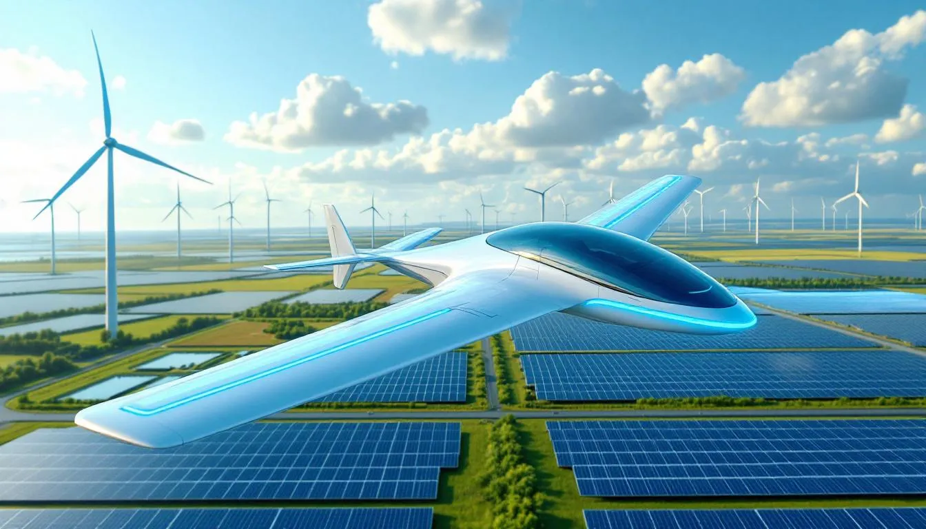 A futuristic electric aircraft flies gracefully over vast renewable energy installations, symbolizing the future of eco-friendly private aviation. This innovative design highlights the potential for sustainable practices in private jet travel, emphasizing a commitment to reducing carbon emissions and enhancing fuel efficiency in the aviation industry.