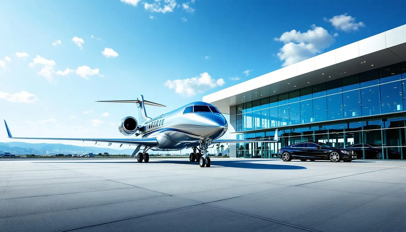 A sleek private jet is parked on the tarmac at an exclusive airport terminal, highlighting the luxury of private aviation. This setting emphasizes the benefits of flying private, such as avoiding crowded airports and enjoying superior comfort during travel.