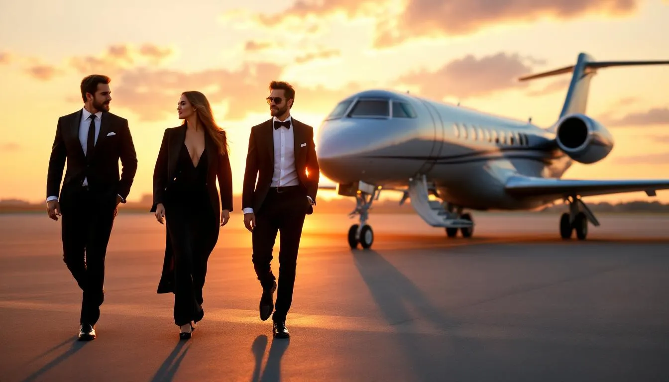 A group of celebrities, including high-profile figures like Taylor Swift and Oprah Winfrey, walks confidently toward a luxurious private jet at sunset, highlighting the elegance of private aviation. The scene captures the essence of exclusive travel, showcasing the benefits of flying private, such as avoiding crowded airports and enjoying superior comfort.