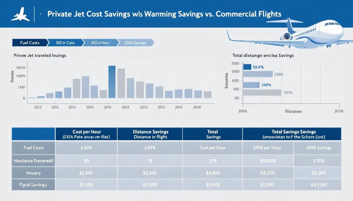 The image features a comparison chart illustrating the cost savings of private jet travel versus commercial flights, highlighting the benefits of empty leg flights and private jet charters for high net worth individuals and business leaders. It emphasizes how flying private can lead to more efficient travel, reduced travel time, and a superior comfort experience.