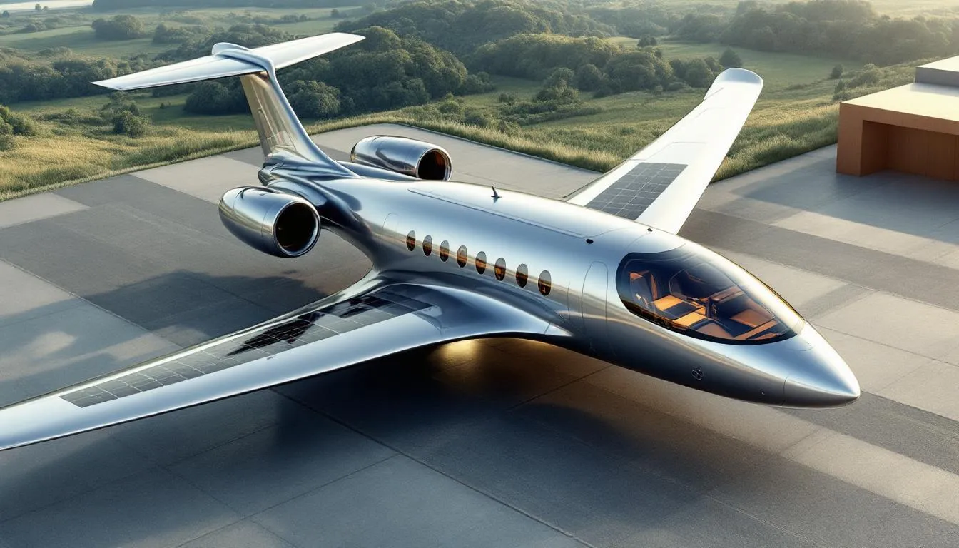 The image features a sleek, futuristic private jet designed with sustainable elements, showcasing spacious cabins and luxurious leather seats. This innovative aircraft represents the future of private aviation, offering an efficient travel experience for high-profile figures and business leaders while minimizing environmental impact.