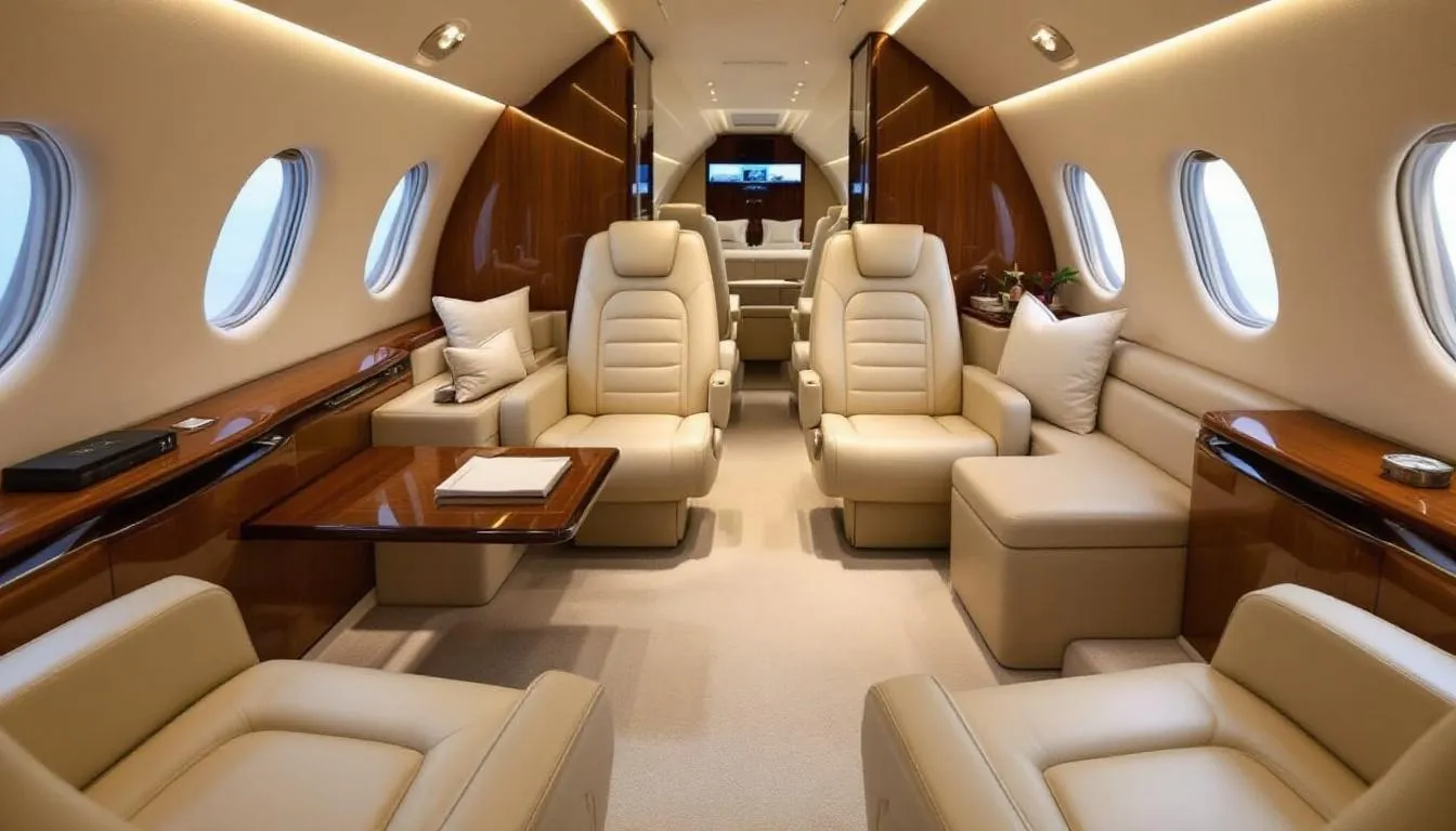The image depicts a luxury private jet interior featuring cream leather seats and polished wood finishes, designed for superior comfort and an exclusive travel experience. This elegant setting is ideal for high-profile individuals seeking efficient travel without the hassles of crowded airports and commercial airlines.
