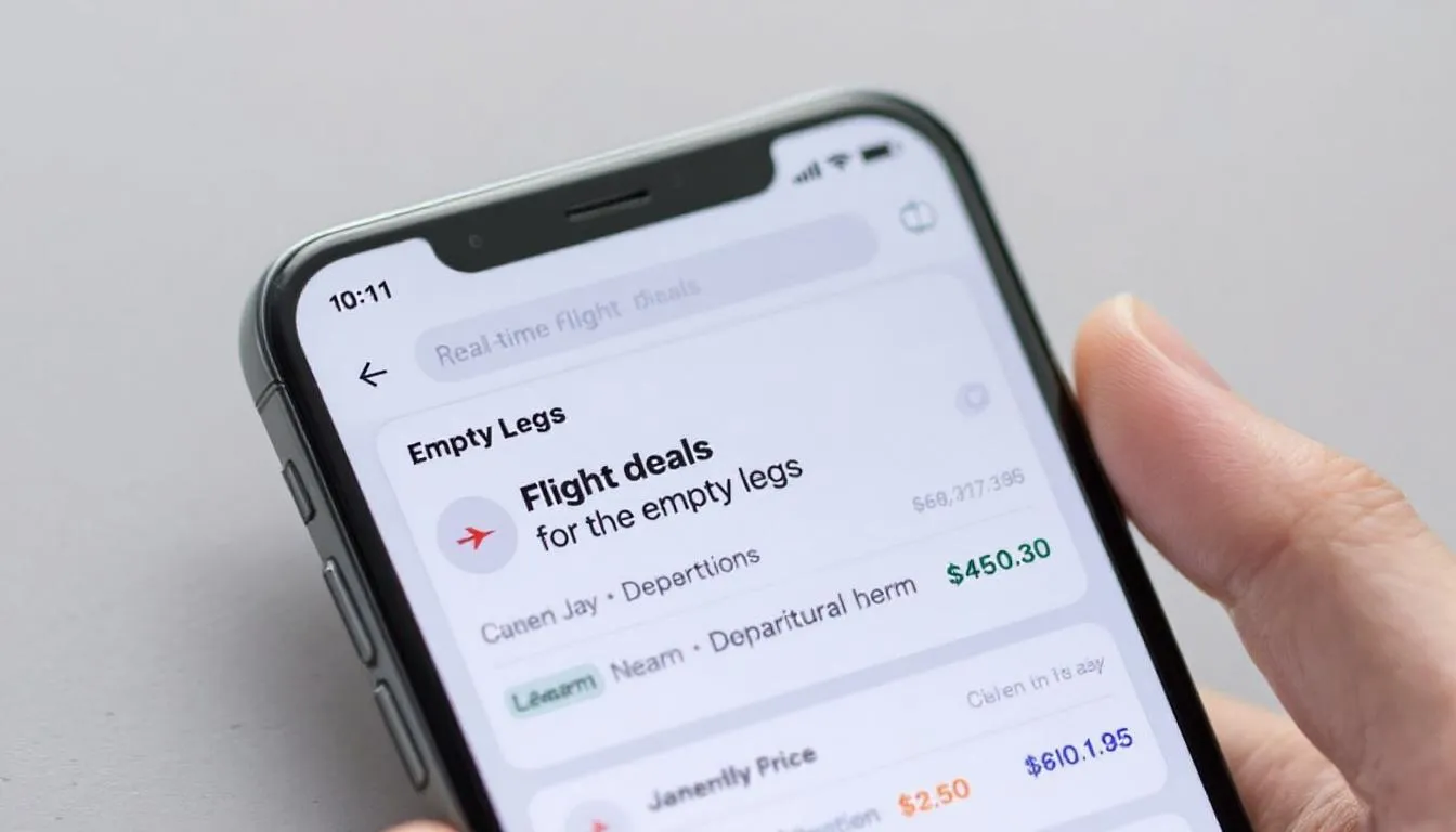 The image displays a mobile phone screen showcasing real-time deals for empty leg flights, featuring various departure times and prices for private jet travel. Users can easily explore available empty leg flights and book an empty leg for cost-effective travel options.