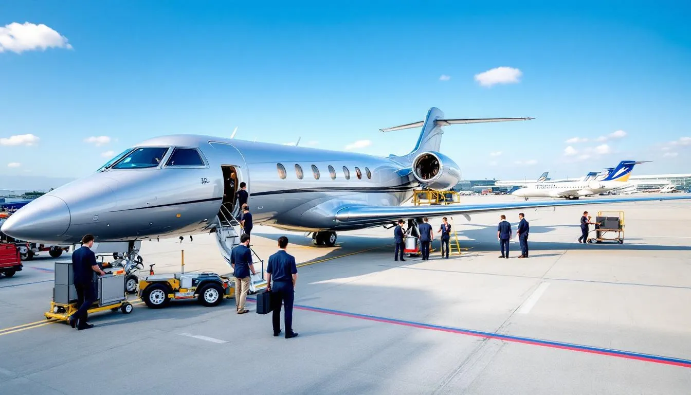 A private jet is parked on the airport tarmac, with ground crew members busily preparing for departure, showcasing the personalized service and high standards associated with private jet travel. This scene highlights the convenience of booking an empty leg flight, offering travelers a cost-effective way to enjoy luxury air travel.