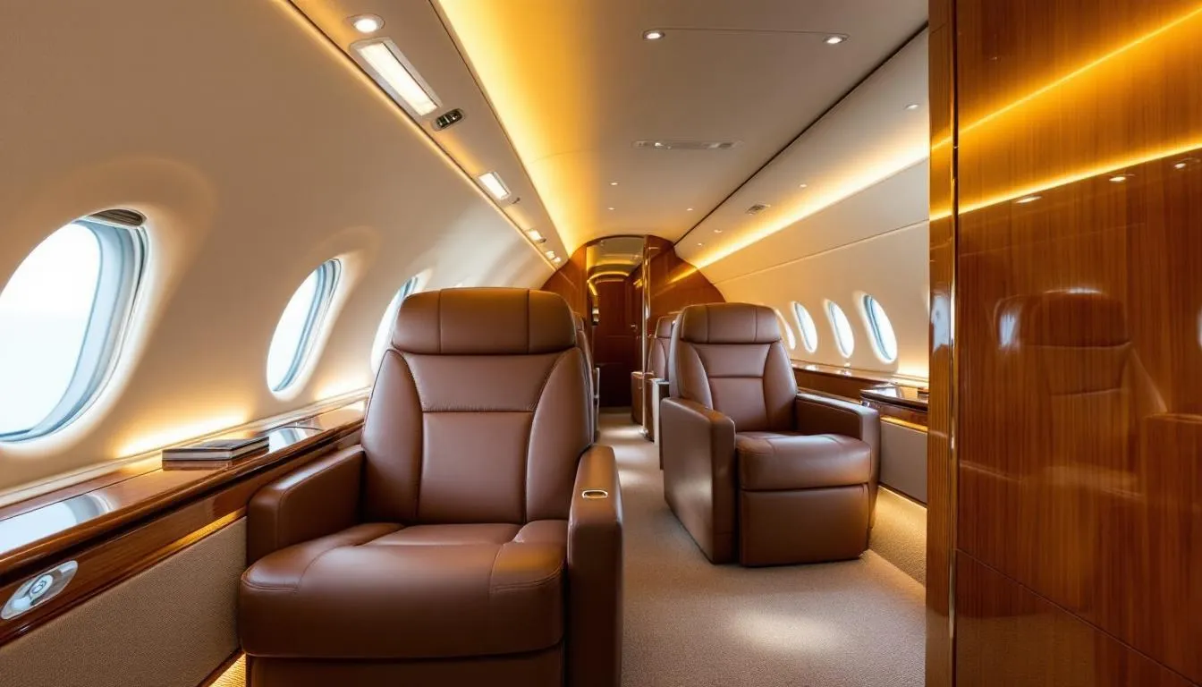 The image showcases a luxurious private jet interior featuring plush leather seats and an elegantly designed cabin, emphasizing comfort and sophistication. This setup is ideal for those considering private jet travel, especially when looking to book an empty leg for a cost-effective journey.