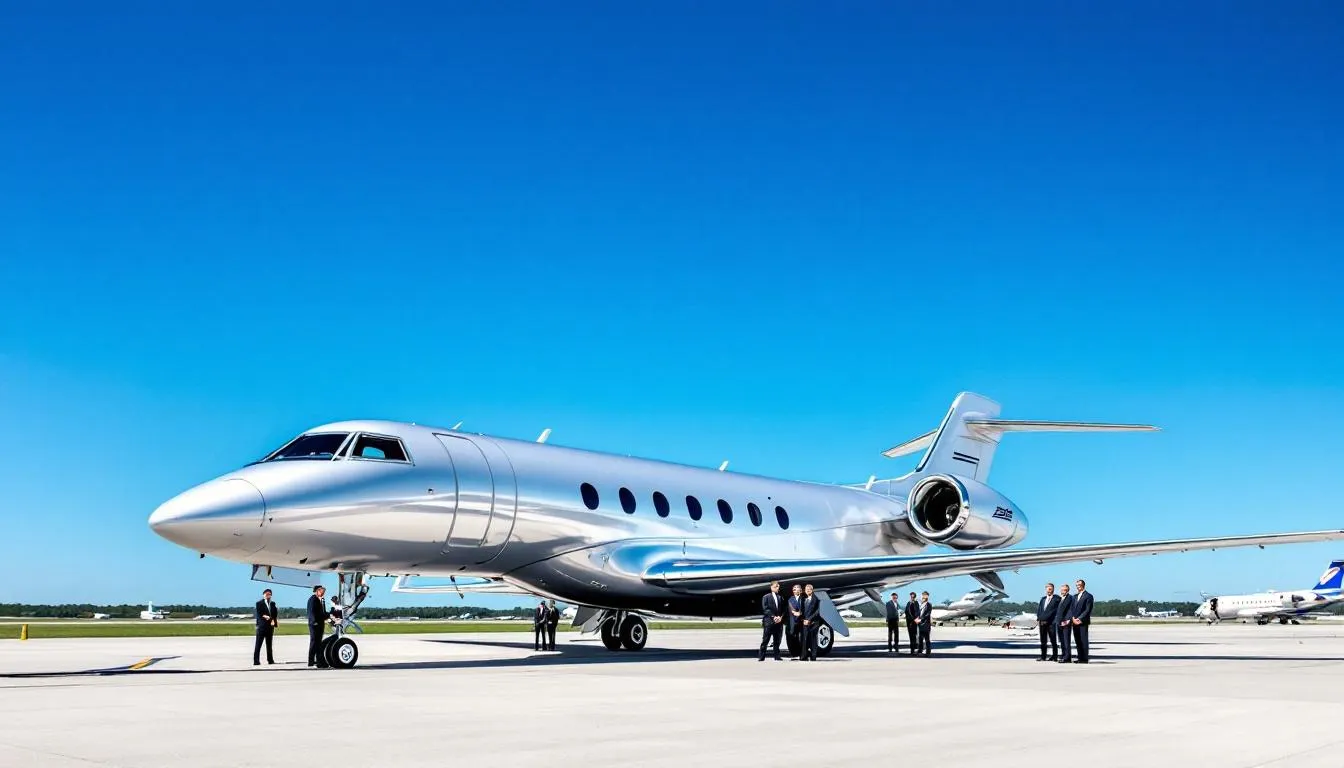 An elegant private jet sits on the tarmac, ready for departure, showcasing the luxury and comfort of private air travel. This image highlights the convenience of booking an empty leg flight, emphasizing the potential for cost-effective journeys to popular destinations.