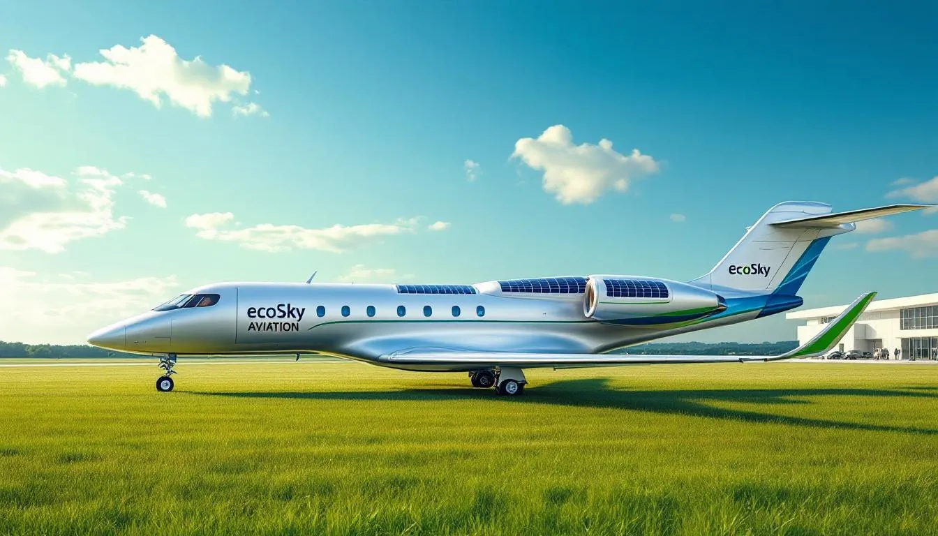 The image depicts a sleek, modern private jet parked at a small airport, showcasing its luxurious interiors and eco-friendly design, emphasizing sustainable private jet aviation. This scene highlights the benefits of private jet travel, including personalized service and the convenience of private charter flights.