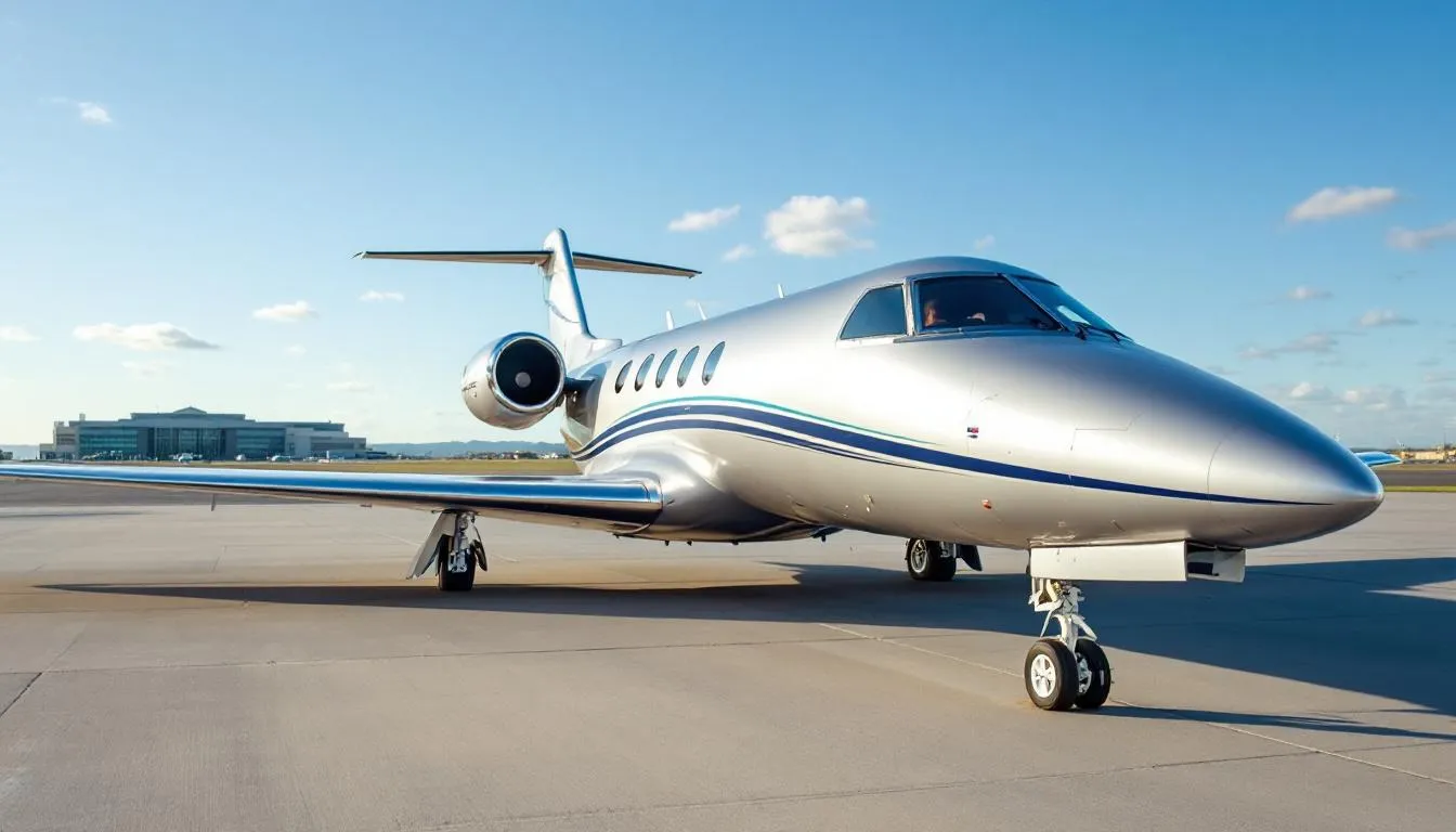 The image depicts a luxurious private jet parked at a private airport, showcasing the elegance and convenience of private aviation. It highlights the opportunity for travelers to book empty leg flights, offering significant savings while enjoying a premium flying experience.