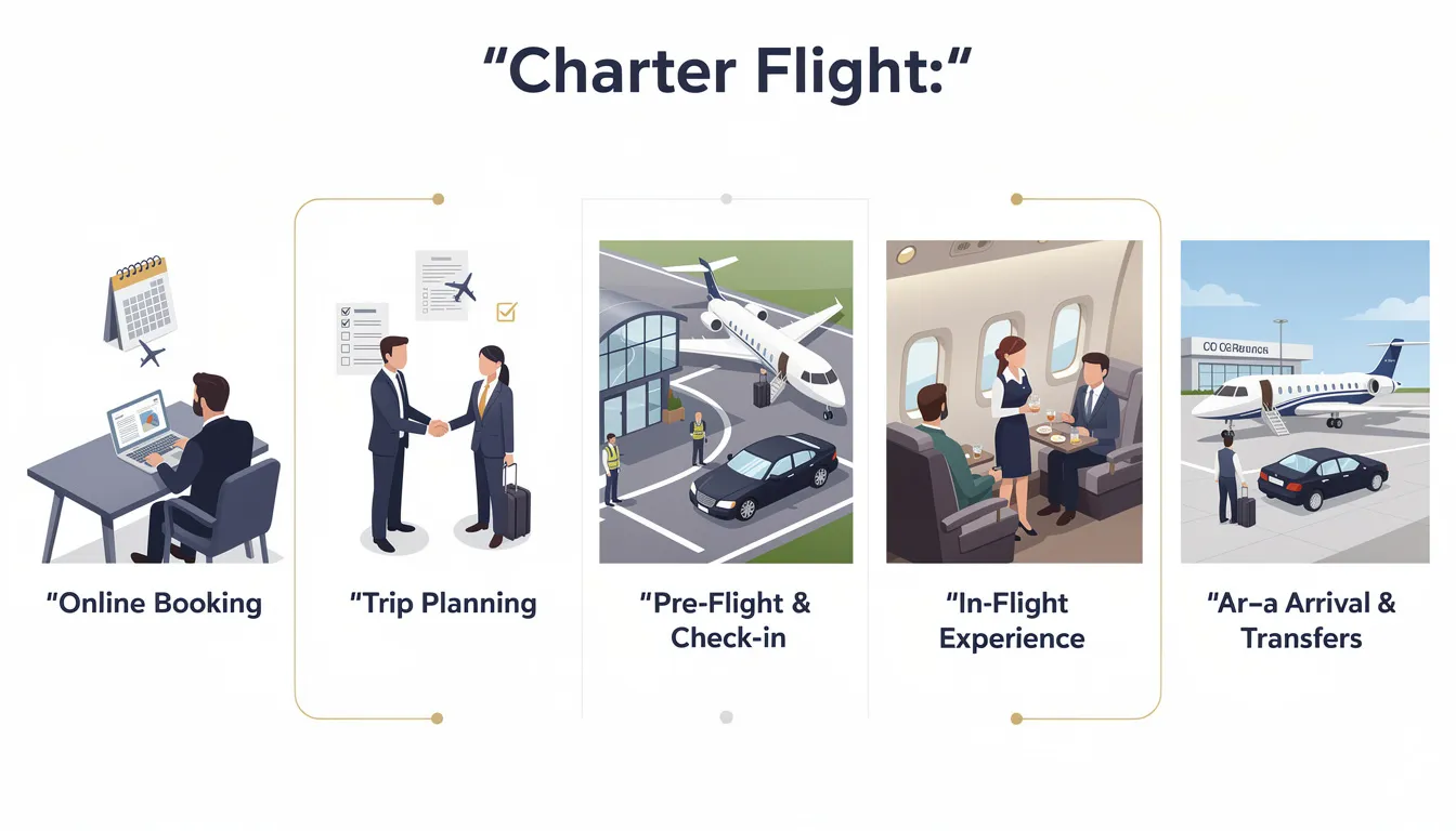 The image illustrates the charter flight process, highlighting the seamless experience of private jet travel. It emphasizes the ease of booking private charter services, the flexibility of scheduling flights, and the exceptional customer service provided by private jet operators.