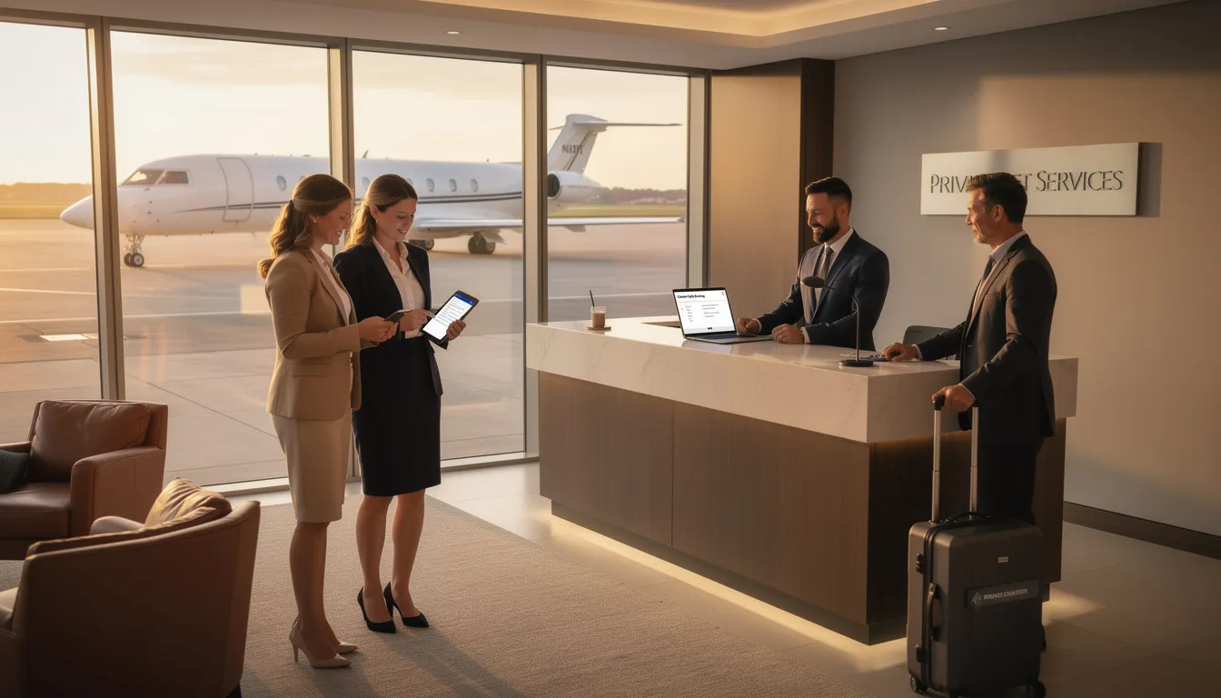 An image depicting the process of booking a private jet charter flight, showcasing a user-friendly interface on a digital device with options for various aircraft types, flight details, and additional services. The scene emphasizes the convenience and luxury of private aviation, appealing to private jet travelers and business travelers alike.