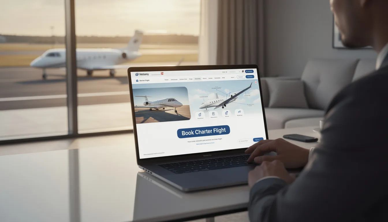 An image depicting the process of booking a charter flight, featuring a sleek private jet ready for takeoff, surrounded by a luxurious private terminal. The scene emphasizes the convenience of private jet travel, showcasing the exceptional service offered by charter companies for private jet travelers.