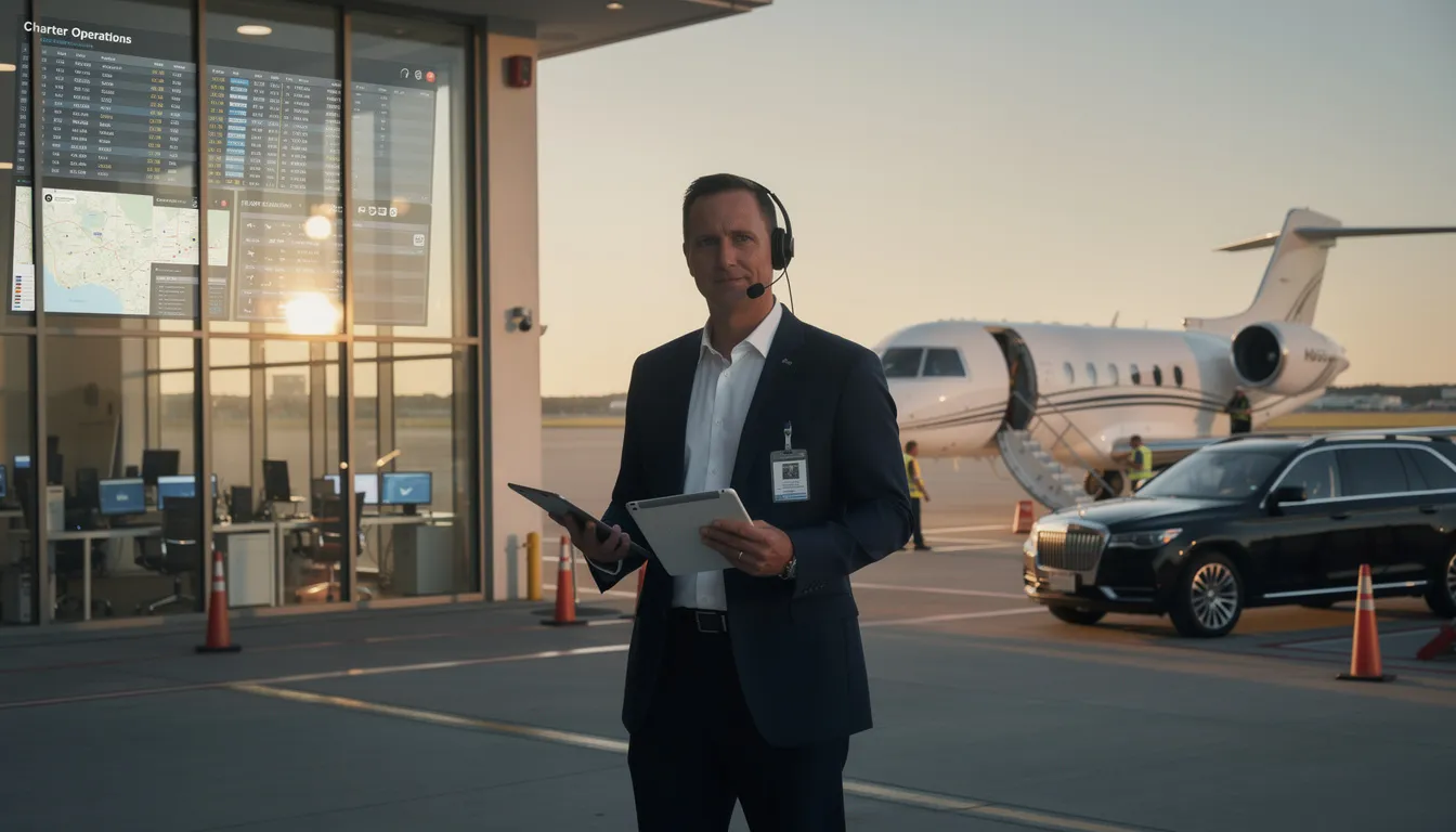 An image depicting a charter operator's office showcases a sleek and modern environment where private jet charters are arranged. The setting includes a dedicated team working on flight details, emphasizing outstanding customer service and the flexibility of private jet travel options for discerning private jet travelers.