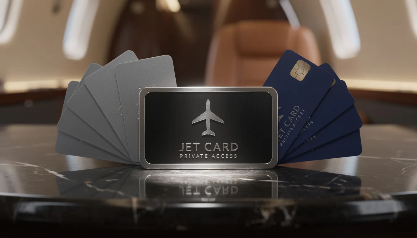 The image showcases a selection of jet cards representing various private jet charter services, emphasizing the luxury and convenience of private aviation. These cards symbolize access to charter flights, allowing travelers to enjoy flexible scheduling and outstanding customer service for their private jet experiences.
