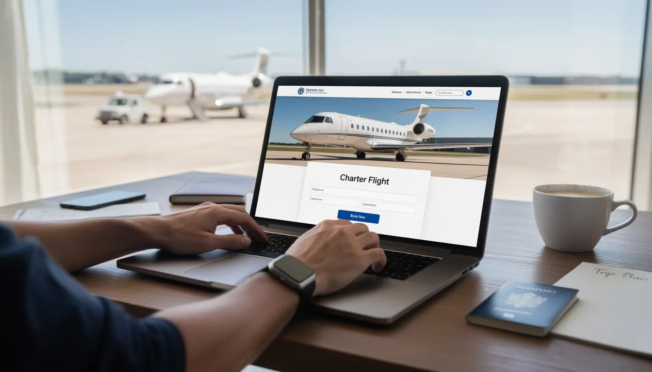 An image depicting the booking process for a private jet charter, showcasing a user-friendly interface where travelers can select their desired destination, date, and aircraft type. This visual emphasizes the convenience and luxury of private aviation, appealing to clients seeking tailored travel experiences.