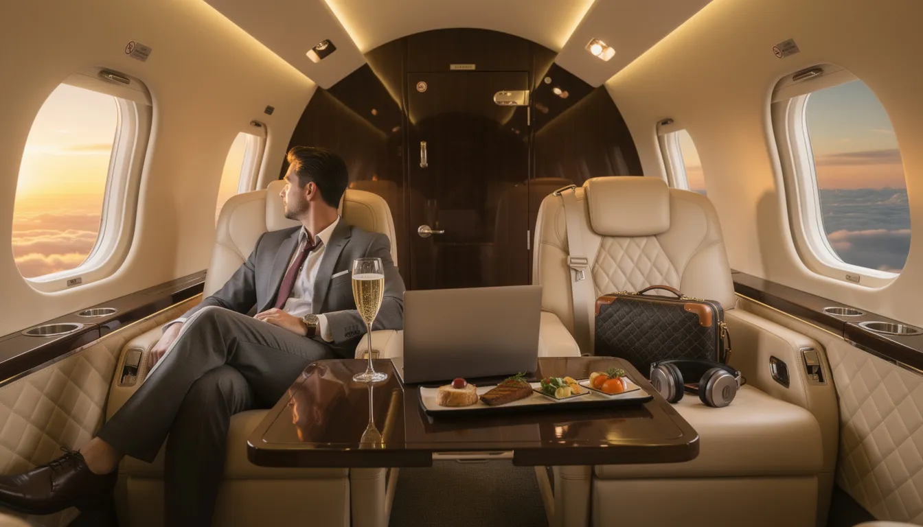 The image showcases a luxurious private jet interior, featuring spacious seating and elegant decor, emphasizing the comfort and exclusivity of private jet travel. This perfect private jet charter experience highlights the convenience and personalized services available for leisure and business travelers alike.