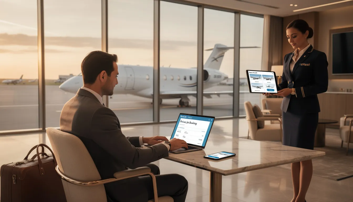 An image depicting the process of booking a private jet charter, showcasing an experienced team assisting clients with their travel requirements, highlighting the convenience and luxury of private aviation for leisure and business trips. The scene reflects a personalized approach, emphasizing the tailored services and local knowledge available for international travel.