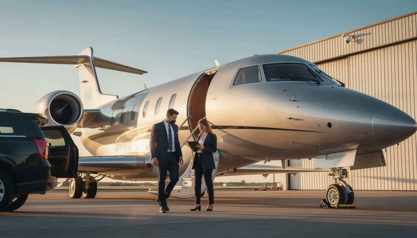 The image depicts a luxurious private jet on a tarmac at a private terminal, highlighting the safety and security aspects of private jet travel. It showcases the exclusive access and outstanding customer service that private jet charter services provide, ensuring a premium flying experience for private jet travelers.