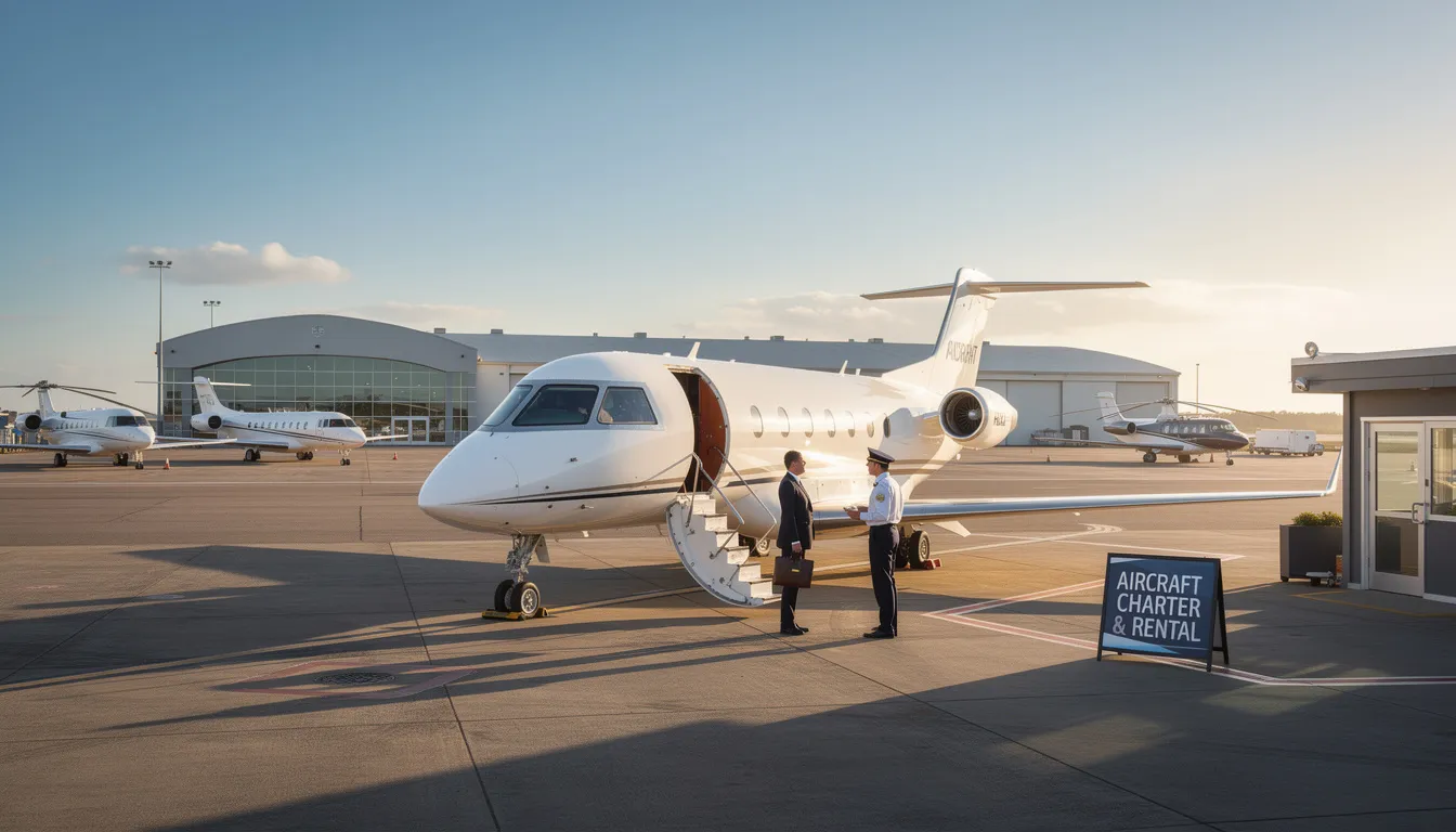 The image showcases a sleek private jet ready for boarding, symbolizing the luxury and convenience of private jet charter services. It highlights the spacious cabin and in-flight amenities that cater to discerning travelers seeking a seamless private travel experience.