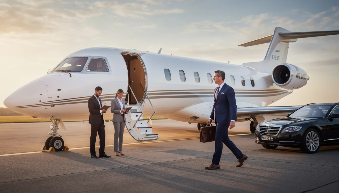 The image depicts a sleek private jet designed for business travel, showcasing its premium aircraft features and luxurious interior, ideal for private jet travelers. With a focus on outstanding customer service and exceptional amenities, this private air charter offers a comfortable journey for clients seeking efficient and flexible travel options.