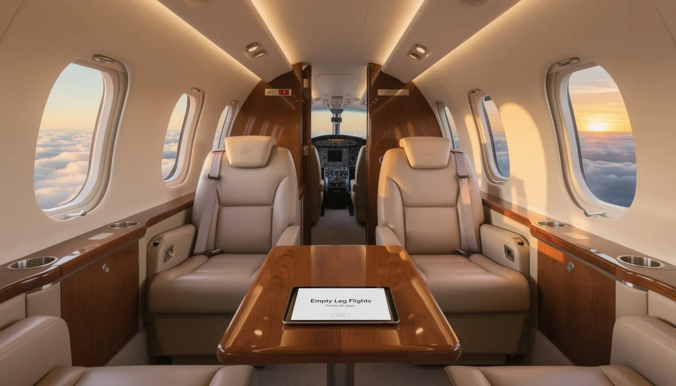 An image depicting empty leg flights shows a sleek private jet parked at a private terminal, highlighting the convenience and luxury of charter flights. This visual emphasizes the cost-effective benefits of private aviation, providing access to popular destinations without the long lines of commercial flights.