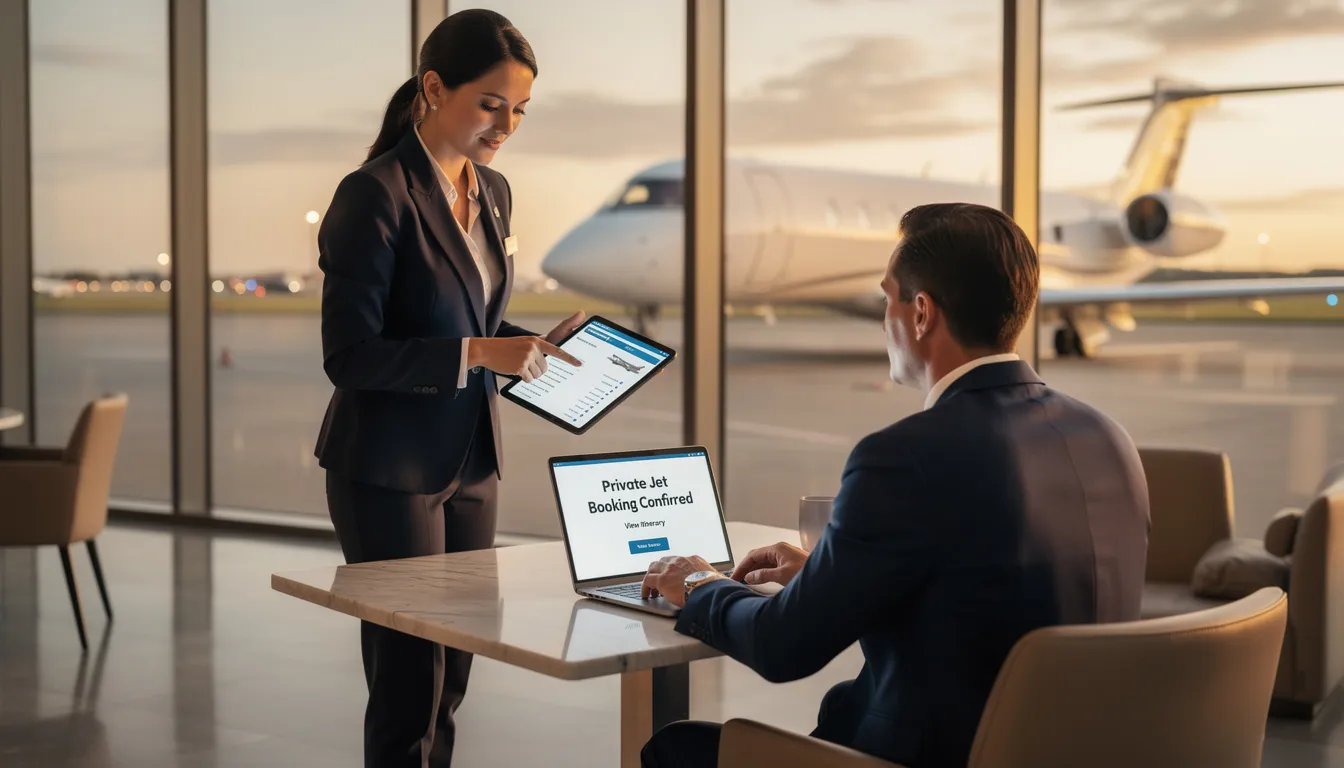 An image depicting a luxurious private jet parked at a private terminal, showcasing the convenience and elegance of charter flights. This setting emphasizes the benefits of private aviation, offering a seamless travel experience without the long lines typically found at commercial airports.